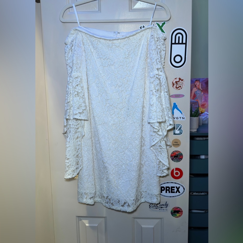 Wayf Off the Shoulder White Lace Dress with draped sleeves